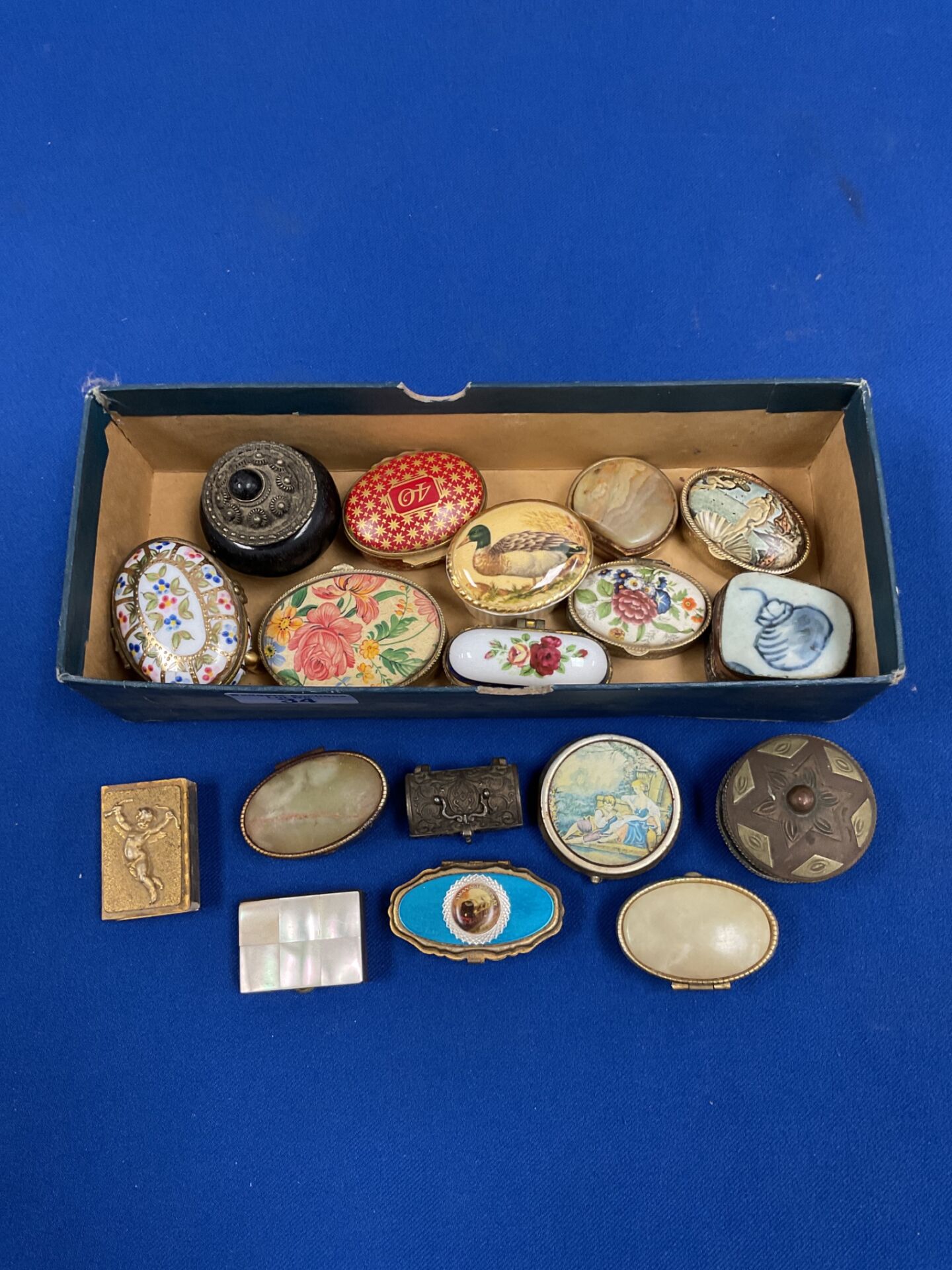 034 Collection of trinket pots including cherub matchbox case