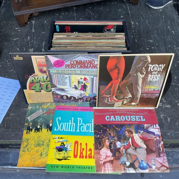 Lot of vintage 1950s vinyl records, including Rodgers and Hammerstein LPs.