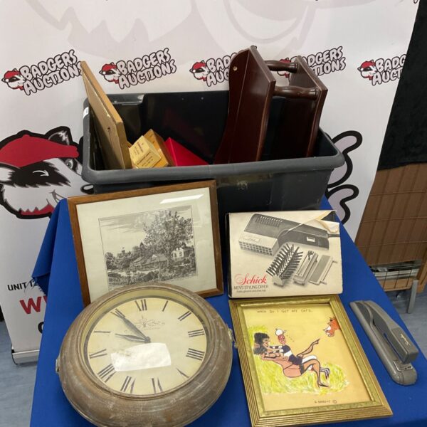 Vintage wall clock and mixed lot of collectables for auction.