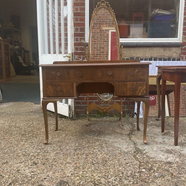 Vintage walnut writing desk with mirror, antique French style furniture.