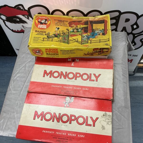 Vintage Walt Disney Mouse Power Ranch box with two Monopoly board game boxes