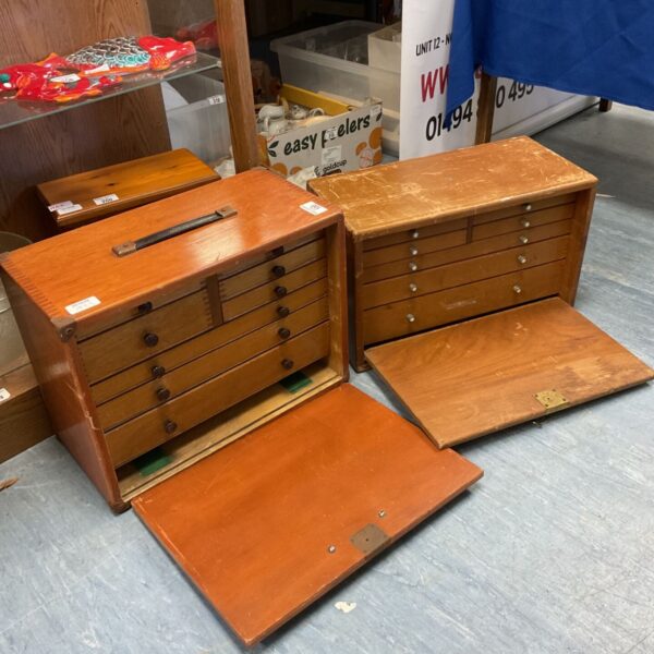 Two vintage wooden engineers boxes with open drawers and drop-down lids