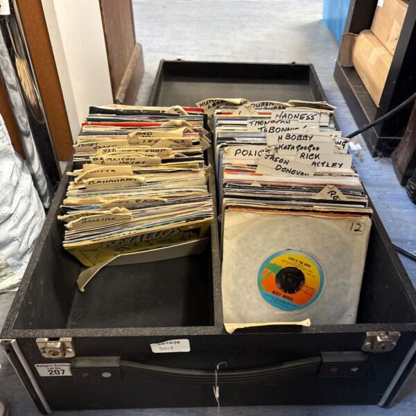Vintage vinyl record collection in a carrying case.