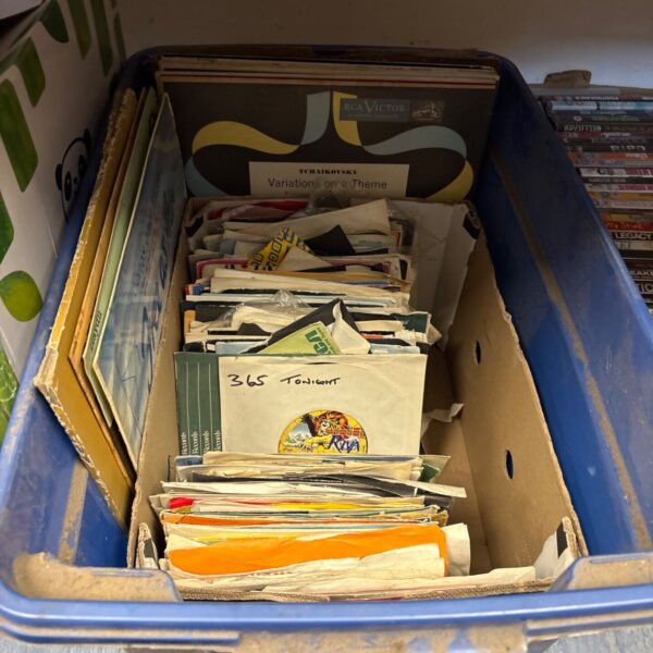 Box lot of 7 and 12-inch vinyl records in paper and card sleeves