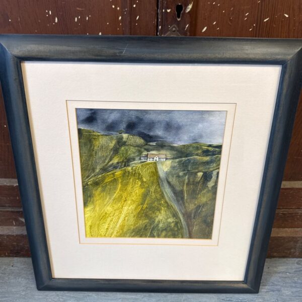 Dramatic watercolour painting of storm clouds over coastal cliffs by Cliff Howe.
