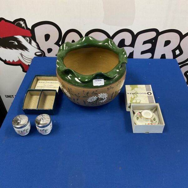 Vintage Wedgwood egg coddler and large flower pot for display.
