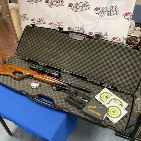 Weihrauch HW 100 pre-charge air rifle in open case with scope and accessories