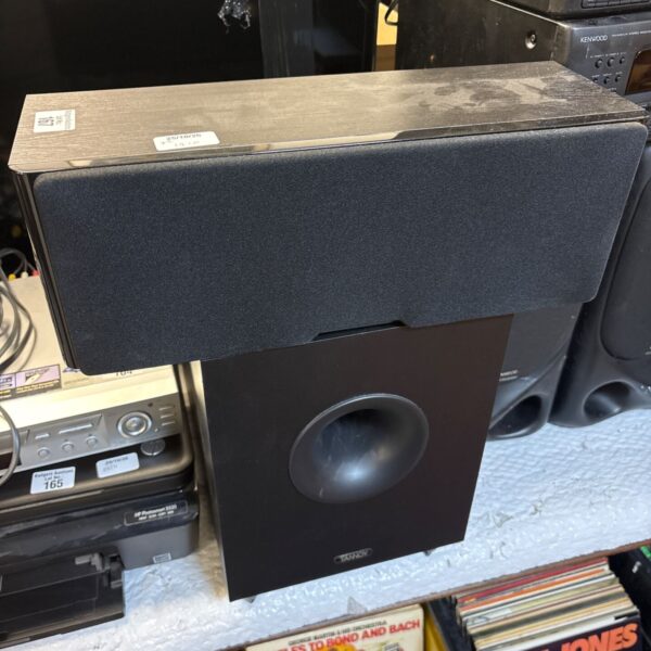 Wharfedale Diamond 11 CC centre speaker above black Tannoy subwoofer