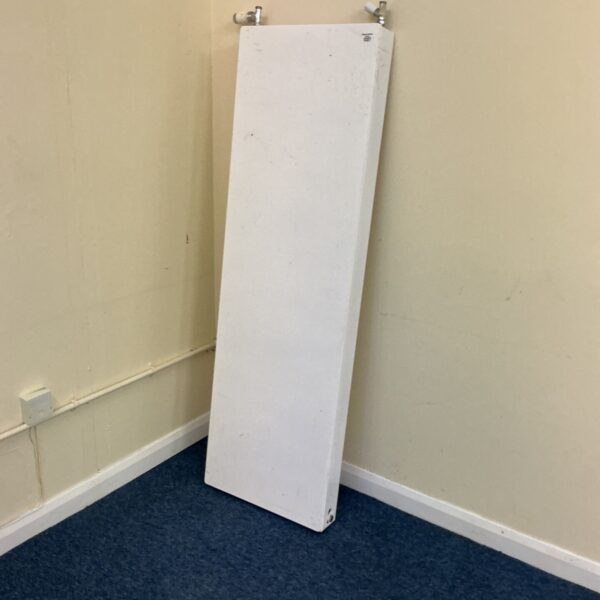 White flat panel radiator with chrome valves fitted to the top edge