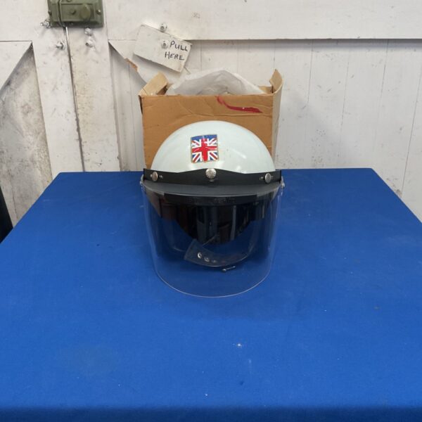 White open face helmet with Union Jack sticker and clear flip-up visor