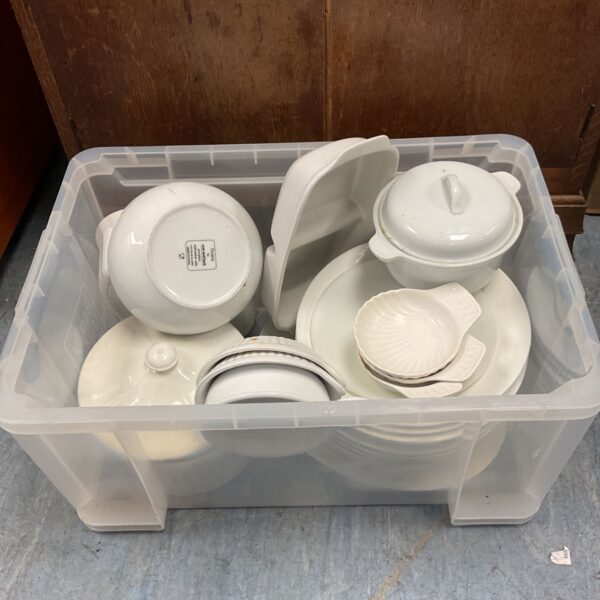 Large box of white porcelain plates, bowls and covered tureen lot
