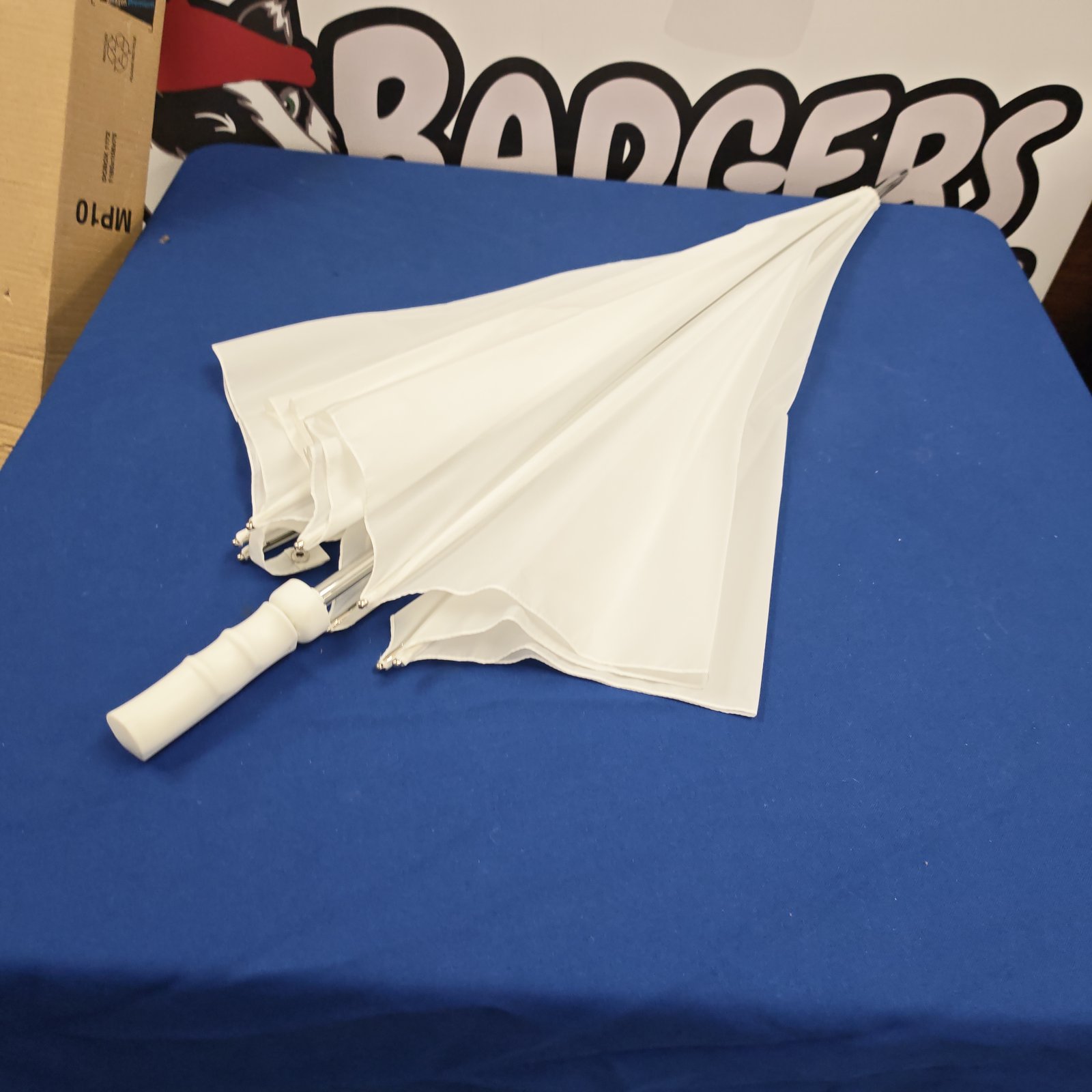 White umbrella with white canopy and bamboo-style handle lying open