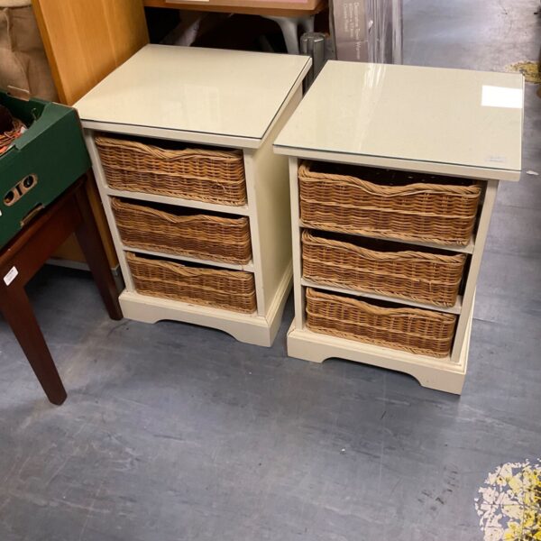 Pair of vintage wicker bedside cabinets with glass tops.