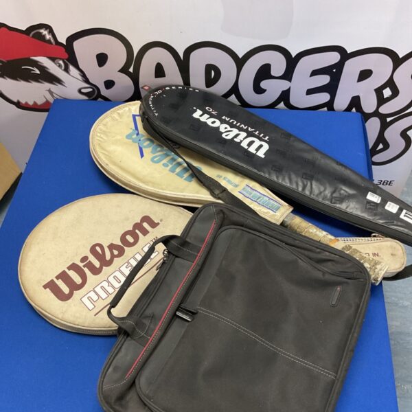Wilson Pro Staff tennis rackets and Targus laptop bag in a lot.