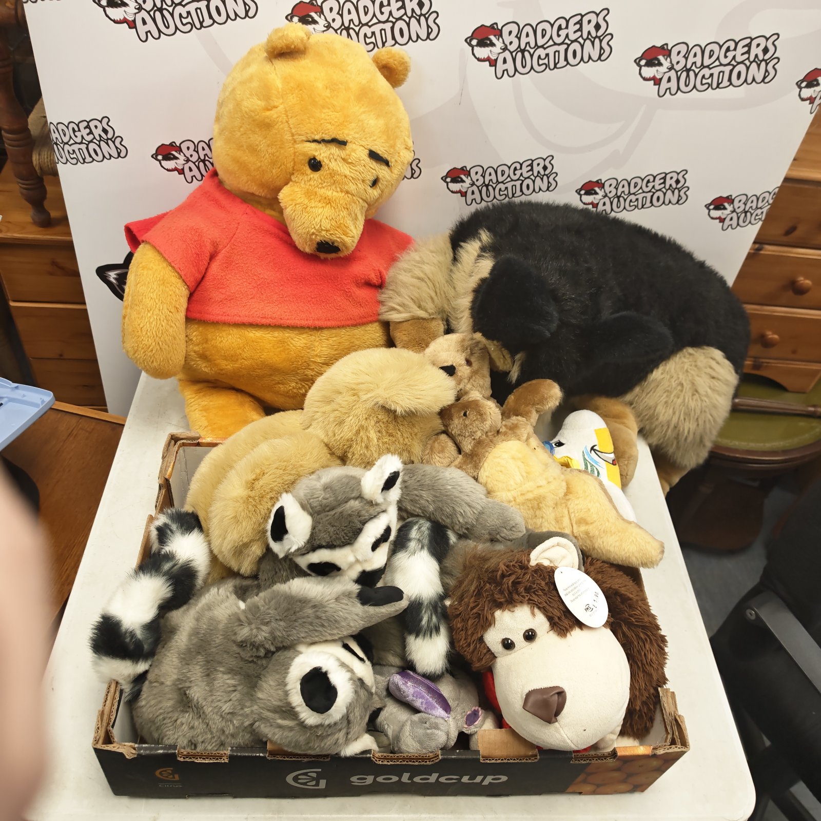 Large Winnie the Pooh plush toy with assorted cuddly toys and teddy bears in a box