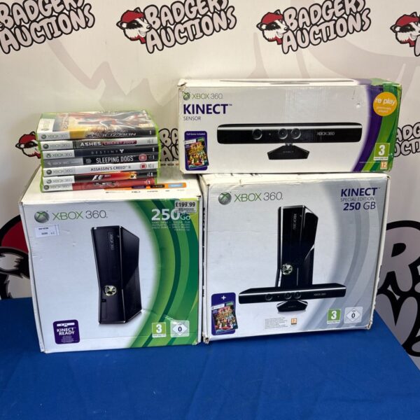 Xbox 360 Kinect bundle with boxed consoles and games.