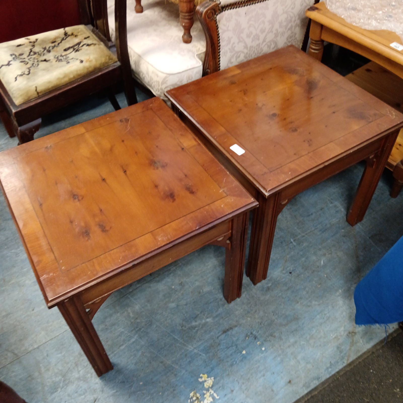 Pair of antique yew wood square side tables with turned legs.