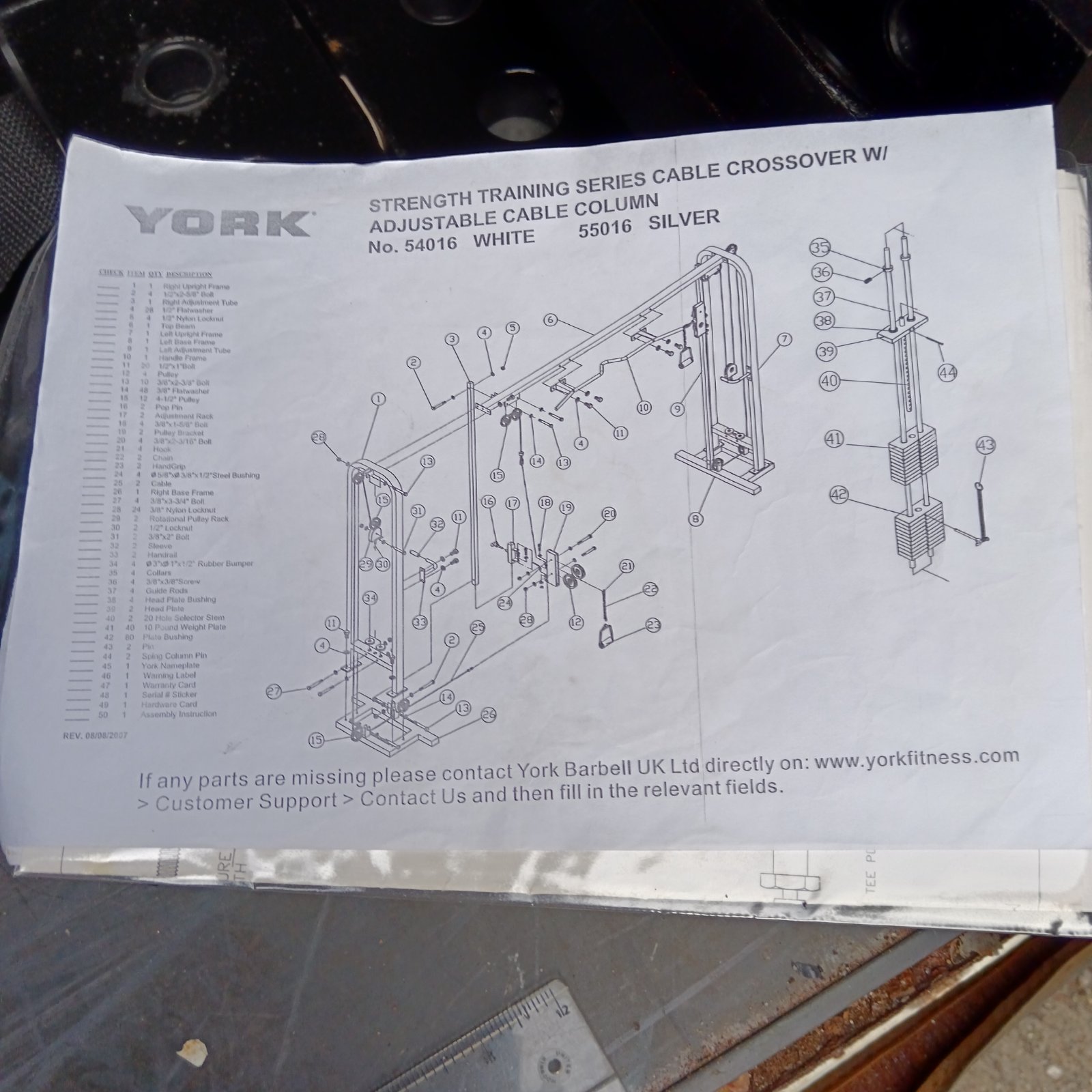 York Fitness cable crossover exploded diagram showing parts.