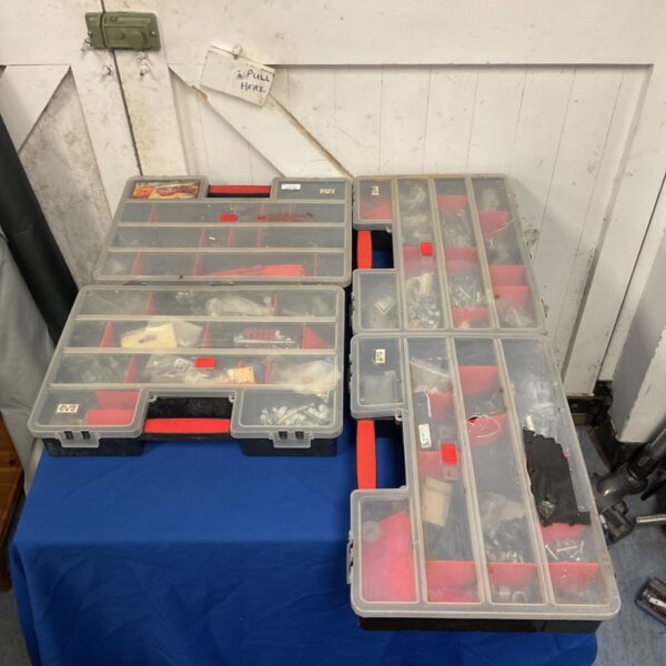 Four Zag organiser-199 plastic parts and tool storage cases filled with hardware